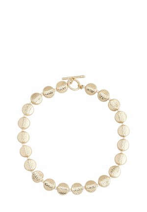 Goldene Perlenarmband mit gehämmerten runden Gliedern, glatter Oberflächenstruktur und einem Toggle-Verschluss. Jede Perle hat eine strukturierte Oberfläche für visuelles Interesse.