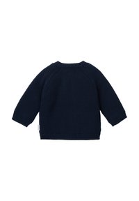 Navyblauer gestrickter Pullover mit langen Ärmeln, Rundhalsausschnitt, gerippten Bündchen und Saum, flach von hinten präsentiert.