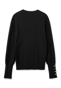 Svart långärmad tröja med ribbade manschetter och fem guldknappar på varje manschett, visad bakifrån mot en vit bakgrund.