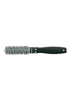 Runde keramische Haarbürste mit schwarzen Borsten und schwarzem Griff, der am Ende ein kleines Loch zum Aufhängen aufweist.