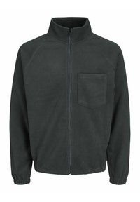 Tmavě šedá fleecová bunda s vysokým límcem, celopropínacím zipem vpředu a kapsou na levé straně hrudi. Má elastické manžety a hladký povrch.