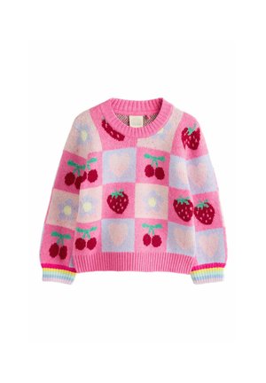 Leende flicka med mörkt hår bär en rosa tröja med hjärtan, körsbär, jordgubbar och blommor, ihop med blå jeans.