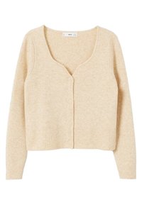 Beżowy krótki kardigan wykonany z miękkiej dzianiny, z głębokim dekoltem w kształcie litery V, pięcioma guzikami z przodu oraz ściągaczami u dołu i na rękawach.