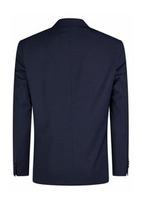 Veste de costume marine avec une finition texturée. Caractéristiques : une fente centrale, des revers crantés et des poignets boutonnés. La vue arrière montre une silhouette nette et ajustée.