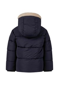 Navy plavi pufer jakna s mekim bež podstavom kapuljače. Tekstuirana tkanina s horizontalnim kvadratnim dijelovima i elastičnim manžetama za dodatnu toplinu.