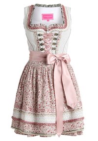 Robe traditionnelle bavaroise Dirndl avec jupe à fleurs blanches et roses, nœud de taille en satin rose, corsage à lacets et garniture décorative.