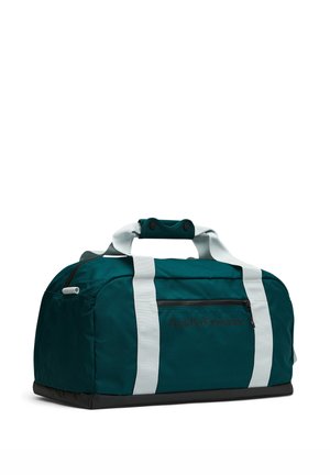 Borsa da viaggio turchese con manici bianchi e base nera, con tasca frontale con zip e impugnatura imbottita sui manici superiori.