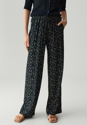 Navy patterned wide-leg trousers with an elastic waistband and drawstring. Fabric has a soft texture with geometric olive-green shapes.