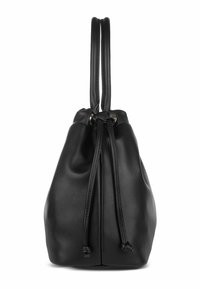 Borsa in pelle nera a cordoncino con una texture liscia, forma arrotondata e due lunghe spalline. Presenta dettagli in metallo.