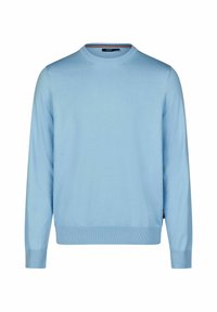 Light blue knit sweater with a crew neckline, long sleeves, and ribbed cuffs and hem. Soft texture and no visible patterns or accents.