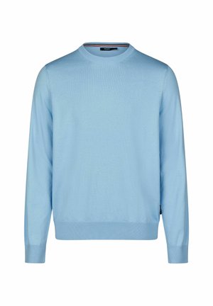 Light blue knit sweater with a crew neckline, long sleeves, and ribbed cuffs and hem. Soft texture and no visible patterns or accents.