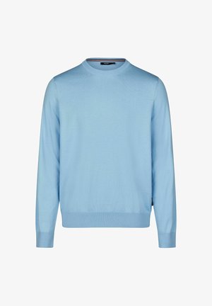 Hellblau gestrickter Pullover mit Rundhalsausschnitt, langen Ärmeln und gerippten Bündchen sowie Saum. Weiche Textur und keine sichtbaren Muster oder Akzente.