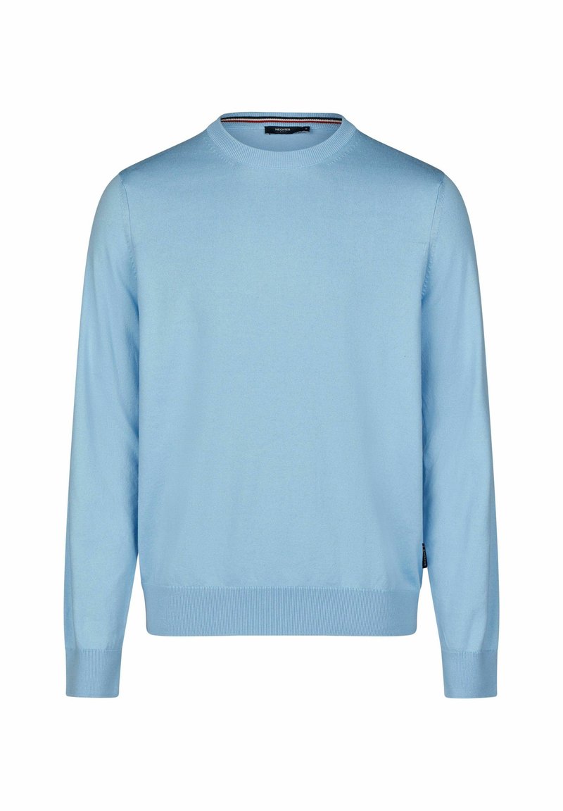 Light blue knit sweater with a crew neckline, long sleeves, and ribbed cuffs and hem. Soft texture and no visible patterns or accents.