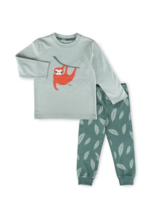 Long-sleeve light green top with orange sloth graphic paired with green pants featuring a light leaf pattern and elastic cuffs.