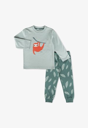 Langärmeliges hellgrünes Oberteil mit orangefarbenem Faultier-Design kombiniert mit grüner Hose mit hellem Blattmuster und elastischen Bündchen.