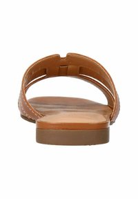 Brown flat sandal with a smooth leather upper, open back, and two wide straps. The sole is lightly textured for grip.
