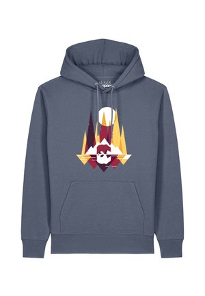Sweat à capuche bleu avec poche avant présentant un motif graphique d'ours marchant sur des rochers avec des arbres stylisés et un soleil en jaune, rouge et blanc.