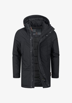 Chaqueta negra aislante con capucha desmontable, cierre con cremallera y botones a presión, bolsillos laterales y forro acolchado para calidez y comodidad.