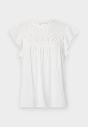 Blusa branca de manga curta, com mangas volantes, frente franzida com detalhe de renda e um padrão texturizado em tecido leve.