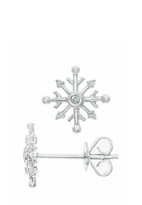 Hopeakoristeiset lumihiutale-korvakorut, joissa on kirkkaat kivet kärjissä, pyöreä keskikivi ja kiiltävä pinta. Mukana perhosklipsi.