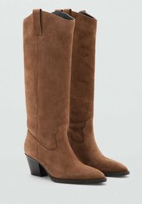 Botas de ante marrón hasta la rodilla con punta afilada y un tacón modesto. Presenta detalles de costura y lengüetas en la parte superior para facilitar su uso.