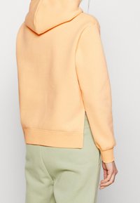 Vaalea oranssi huppari, jossa on pehmeä rakenne ja huppukaulus, sivurei'ät ja ribbikujat. Yhdistetty vaaleanvihreisiin collegehousuihin.