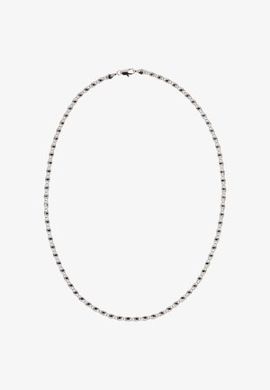 Hopeaketju, jossa on pyöreitä lenkkejä ja vuorotellen hiontaaksia, varustettuna turvallisella lukolla.