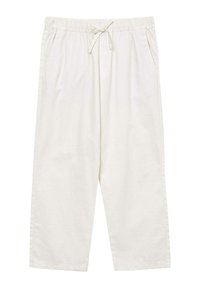 Weiße, leichte Baumwollhosen mit einem elastischen Bund und Kordelzug. Mit zwei Seitentaschen und einem lässigen, verkürzten Schnitt.
