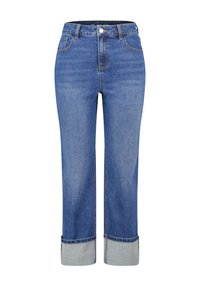 Jean en denim bleu avec une taille haute, jambe droite et ourlets retournés. Présente une couture classique et un design à cinq poches.
