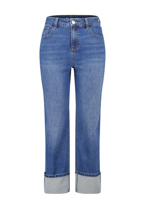 Blauwe denim jeans met een hoge taille, rechte pijpen en opgerolde boorden. Beschikt over klassieke naden en een vijfzakkenontwerp.