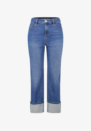 Blauwe denim jeans met een hoge taille, rechte pijpen en opgerolde boorden. Beschikt over klassieke naden en een vijfzakkenontwerp.