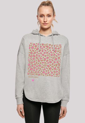 Gray hoodie with a drawstring hood, featuring a square, leopard print design in tan, pink, and beige. Soft texture, relaxed fit.
