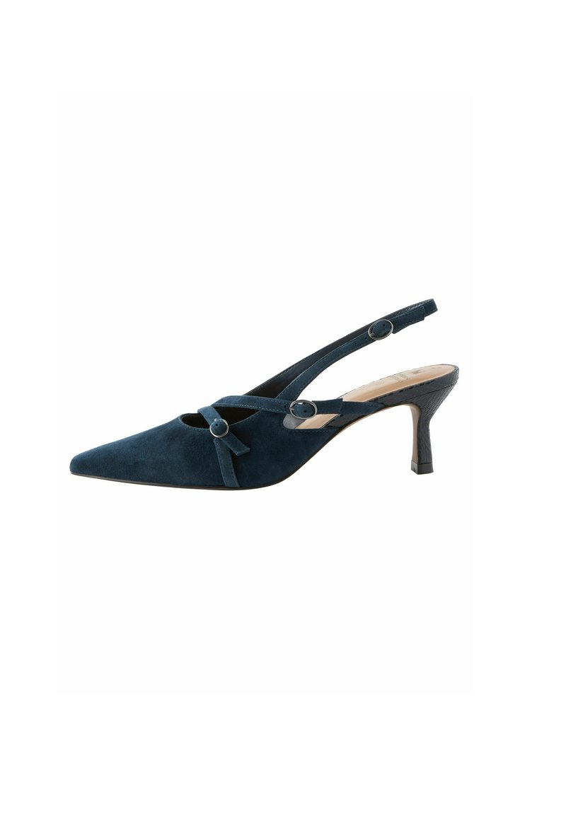 Navy blue suede slingback heel with pointed toe, decorative bow accent, and thin ankle strap. Features a moderate stiletto heel.