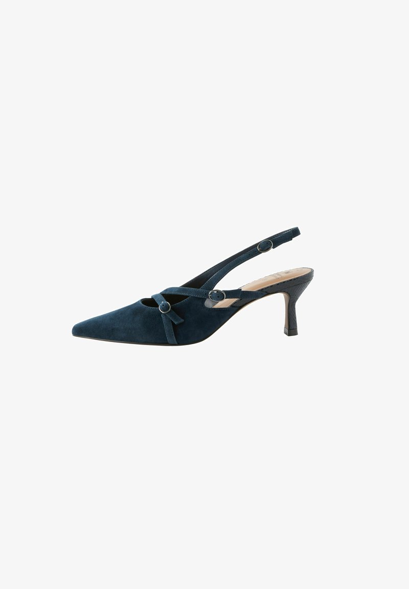 Navy blue suede slingback heel with pointed toe, decorative bow accent, and thin ankle strap. Features a moderate stiletto heel.