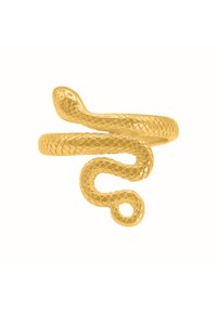 Goldenes ringförmiges Schmuckstück in Form einer Schlange mit einer strukturierten, schuppenartigen Oberfläche. Der Ring wickelt sich herum und zeigt am Ende einen gewickelten Schwanz und einen detaillierten Kopf.
