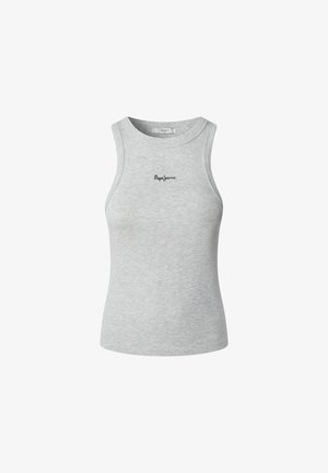 Grå tanktop lavet af ribbet stof, med rund halsudskæring og en tætsiddende pasform. "Pepe Jeans" logo i sort broderet på forsiden.