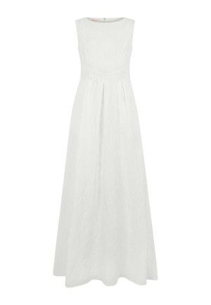 Ärmelloses weißes Maxikleid mit rundem Ausschnitt, tailliertem Schnitt, feiner Struktur und plissiertem Rock, entworfen für festliche Anlässe.