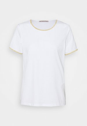 White short-sleeve T-shirt with round neck, gold trim on collar and sleeve edges, displayed on plain background.