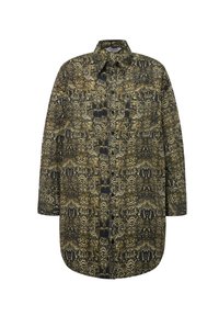 Camicia a maniche lunghe con stampa a serpente in tonalità di marrone e oro. Chiusura frontale con bottoni, colletto classico e orlo arrotondato.