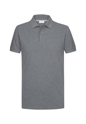 Gray polo shirt made from cotton with a classic collar, two-button placket, and short sleeves. Smooth texture, no visible patterns.