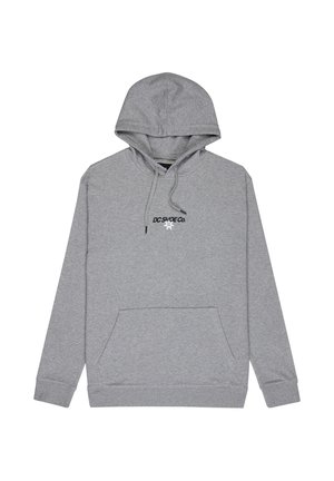 Gray hooded sweatshirt made of soft fabric, featuring a front kangaroo pocket, adjustable drawstrings, and a black logo on the chest.