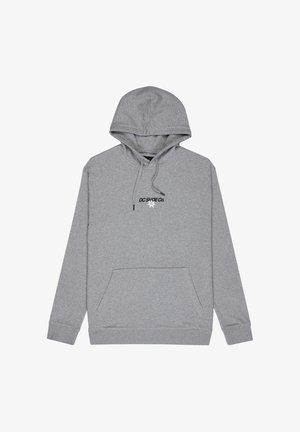 Sweat à capuche gris en tissu doux, avec poche kangourou à l'avant, cordons réglables et logo noir sur la poitrine.