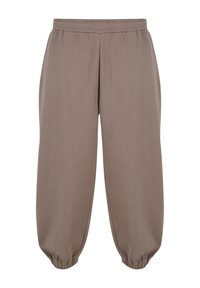 Brune sweatpants med elastisk talje, sammensnørede manchetter og et blødt, tekstureret stof. Løs pasform med en tætsiddende design ved anklerne.