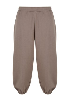 Brown sweatpants with an elastic waistband, gathered cuffs, and a soft, textured fabric. Loose fit with a tapered design at the ankles.