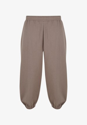 Brown sweatpants with an elastic waistband, gathered cuffs, and a soft, textured fabric. Loose fit with a tapered design at the ankles.