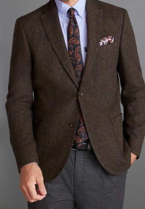 Blazer marrone a figure ad herringbone con rever a taglio, abbinato a una cravatta blu navy con motivo paisley, camicia azzurra chiara e pantaloni grigi a scacchi. Accenti di fazzoletto da taschino.