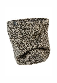 Ogrtač za vrat s leopard uzorkom u bež i crnoj boji, napravljen od mekanog flisa. Ima zaobljen rub i oznaku brenda sa strane.