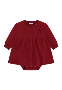 Abito rosso lavorato a maglia con maniche lunghe, scollatura rotonda e motivo a cuore. Presenta polsini arricciati e bottoni sulle spalle e in fondo.