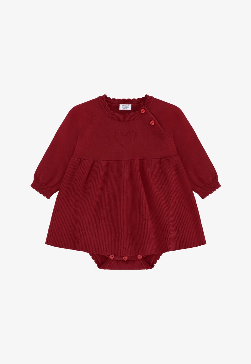 Abito rosso lavorato a maglia con maniche lunghe, scollatura rotonda e motivo a cuore. Presenta polsini arricciati e bottoni sulle spalle e in fondo.