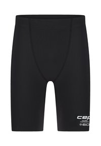 Black tailored compression shorts with visible seam lines and white "cep" logo and text on the lower right leg.